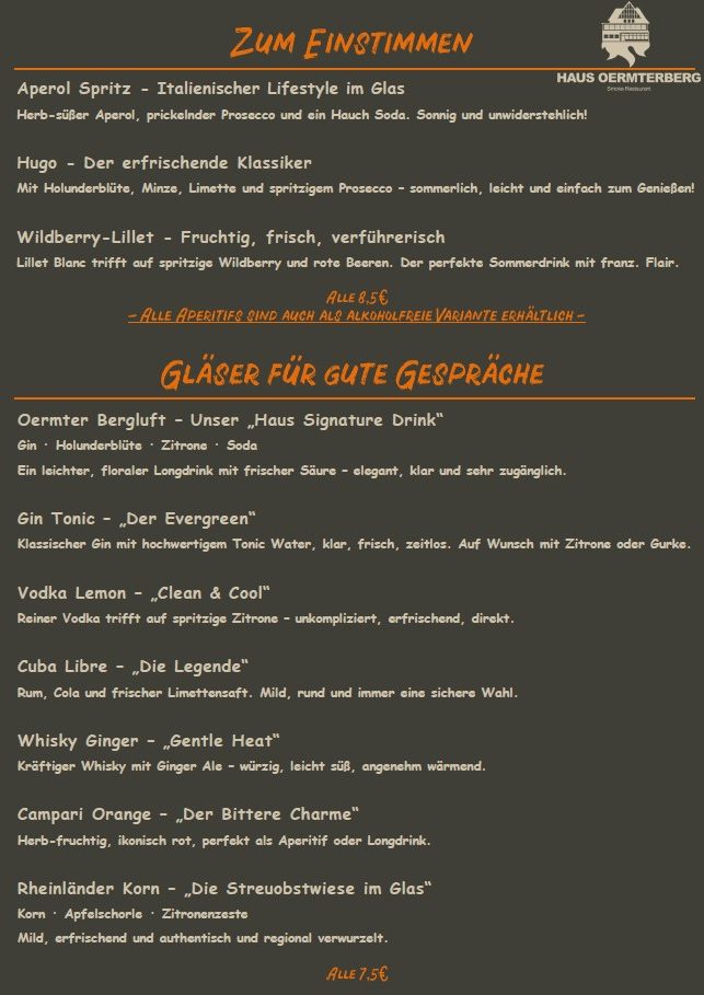 Speisekarte Aperitifs & Longdrinks