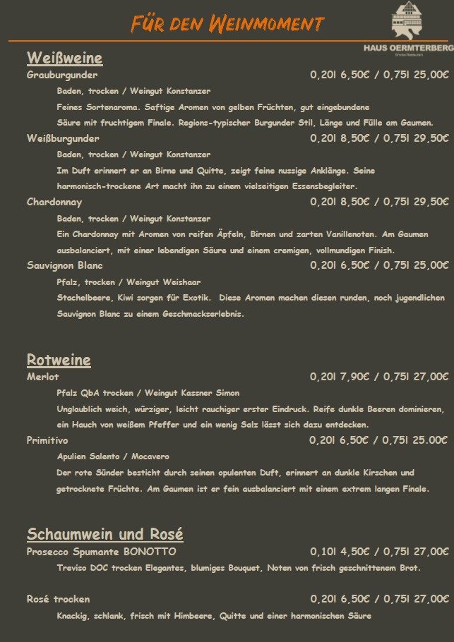 Speisekarte Weine & Schaumwein