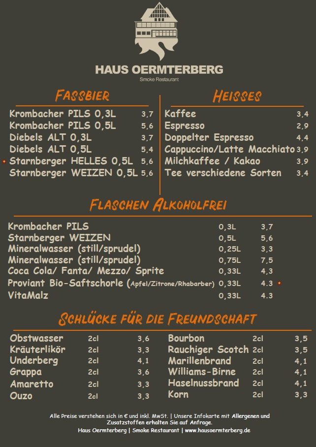Speisekarte Bier, Softdrinks & Heißes